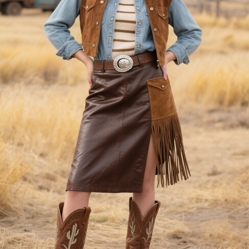 Women's Western Style Leather Skirt With Fringe Detail