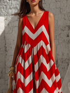 Chic Vacation White Sleeveless Zigzag Print Red Wide-Leg Jumpsuit