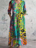 Women's V-Neck Art Irregular Pattern Dress With Pockets