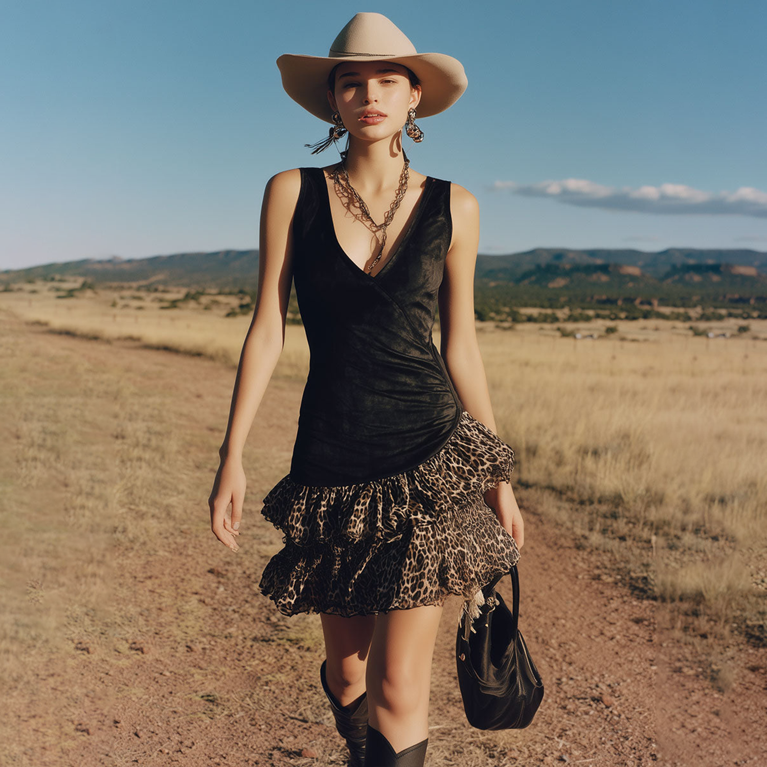 Coachella Outfit Western-inspired Vintage Leopard Print Chiffon Ruffle Black V-neck Faux Suede Mini Dress