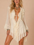 Perfect for Summer Music Festivals Dress — Ivory Ruffle Deep V-Neck Chiffon Ethereal Boho Mini Dress