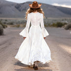 Women's Retro Lace V-Neck Lace-Up Trumpet Sleeve Long Dress