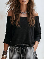Casual Vacation Black Cotton Long Sleeve Tops And Black And White Vertical Striped Wide-Leg Pants Set