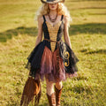 Retro Musical Note Print Linen Lace Patchwork Multi-layered V-neck Off-shoulder Slip Dress