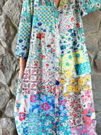 Damen Elegantes Hemdblusenkleid aus Baumwolle und Leinen mit Blumenmuster