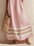 Bohemian Vacation Off-the-shoulder Ruffled Color-blocked Striped Maxi Dress