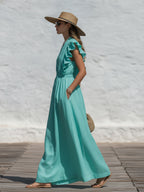 Capri Vibe Turquoise Linen Blend Ruffle Sleeve Maxi Dress