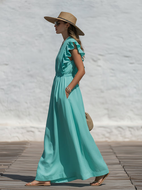 Capri Vibe Turquoise Linen Blend Ruffle Sleeve Maxi Dress
