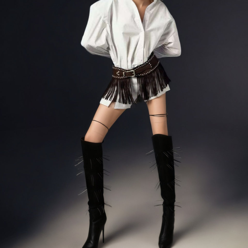 Women's Vintage Stylish Fringed Belted White Shirt Dress With Lace Detailing