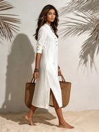 Vacation-style Short-sleeve Button-front Midi Dress
