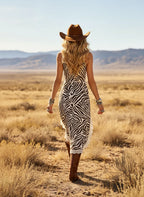 Women's Western Cowboy Zebra Print Chiffon Lace Trim Dress With Deep V-Neck And Asymmetrical Hem