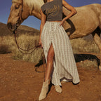 Western Spring Outfits Cotton Blend Floral Stripe Maxi Skirt With Button Front And High Slit For Boho Style