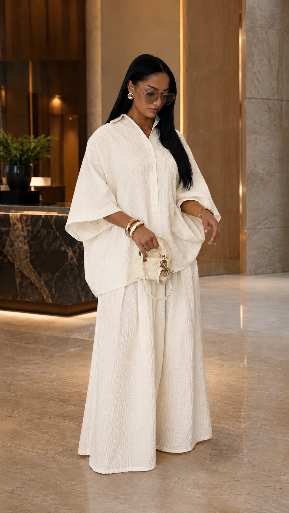 Textured Button-Up Cover-Up Set - Oversized Kimono Sleeve Top & Wide Leg Pants Co-ord