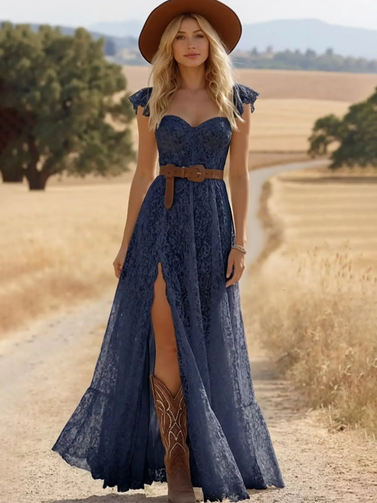Western Maxi Dress — Midnight Navy All-Over Floral Lace High-Slit Belted Maxi Dress