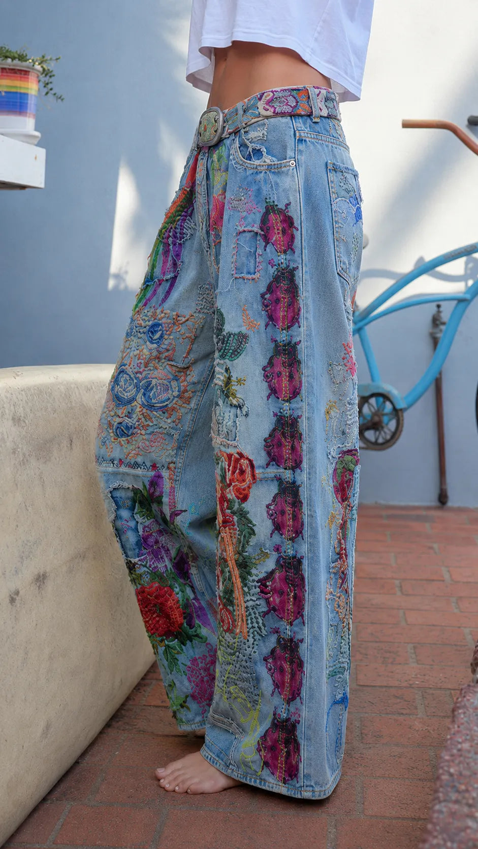 Bohemian Patchwork Floral Embroidered Wide Leg Jeans - Vintage Baggy Denim Pants