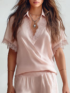 Resort-style V-neck Short-sleeve Lace-trim Top And Trousers Set