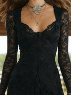 Western Black Lace High-Low Hem Long-Sleeved Dress