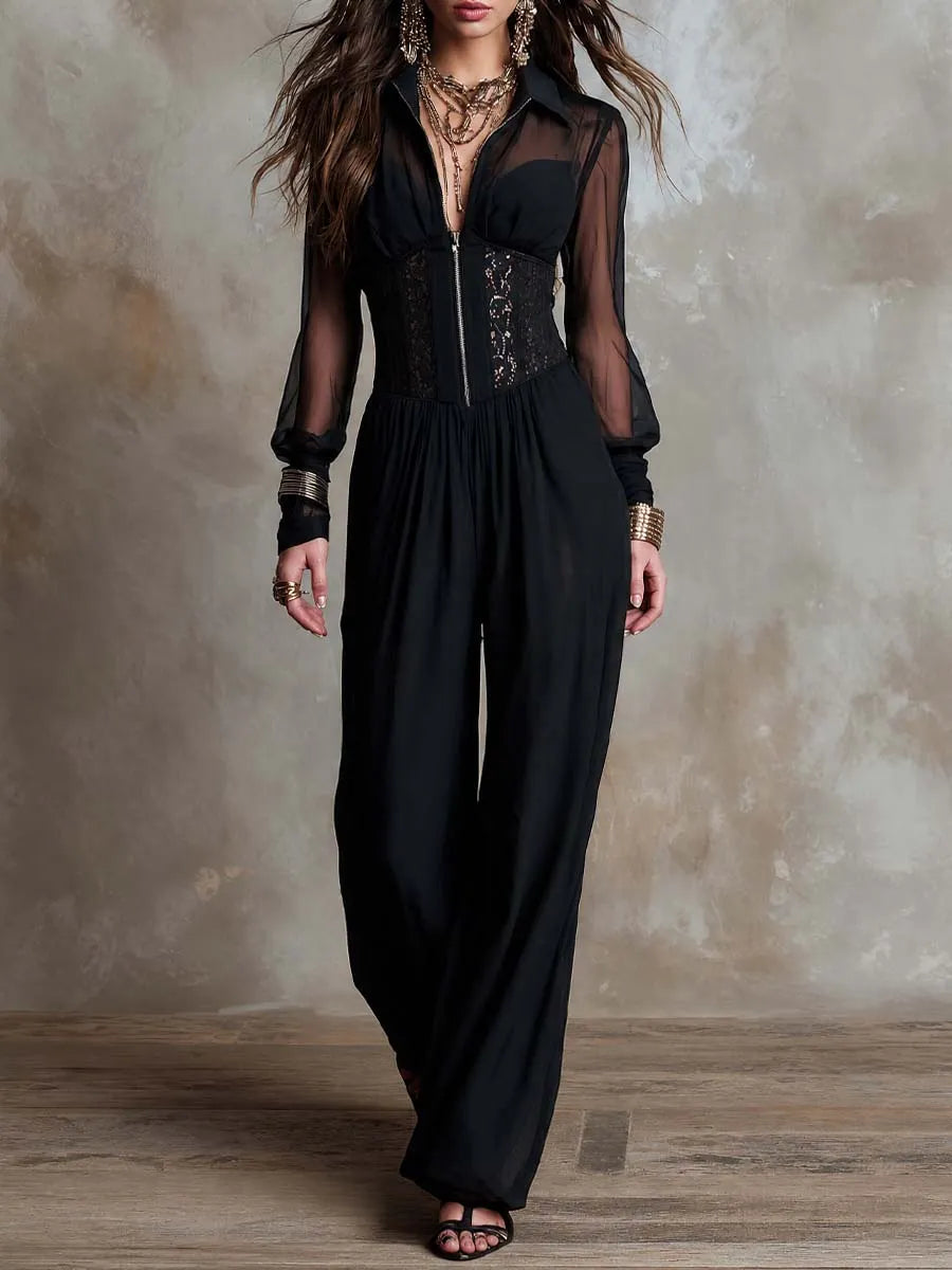 Collared Half Zip Sheer Chiffon Sleeve Lace Corset Waist Gathered Wide Leg Chiffon Jumpsuit