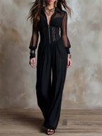Collared Half Zip Sheer Chiffon Sleeve Lace Corset Waist Gathered Wide Leg Chiffon Jumpsuit
