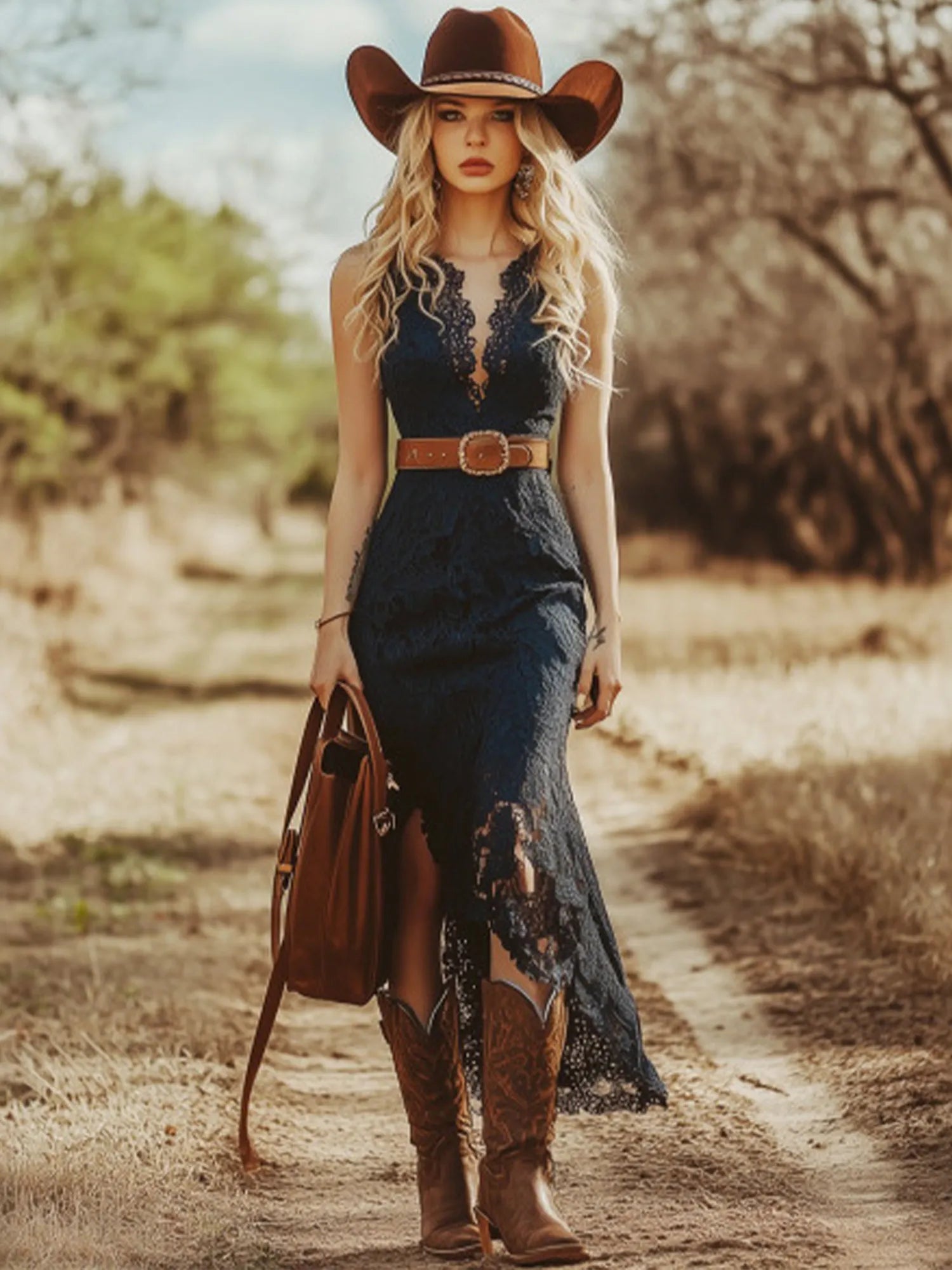 Ideal for Ranch Photoshoots or Vintage Outdoor Weddings — Midnight Blue All-Over Lace & V-Neck Sheer Detailing Premium Eyelash Lace Asymmetric Hi-Low Maxi Dress
