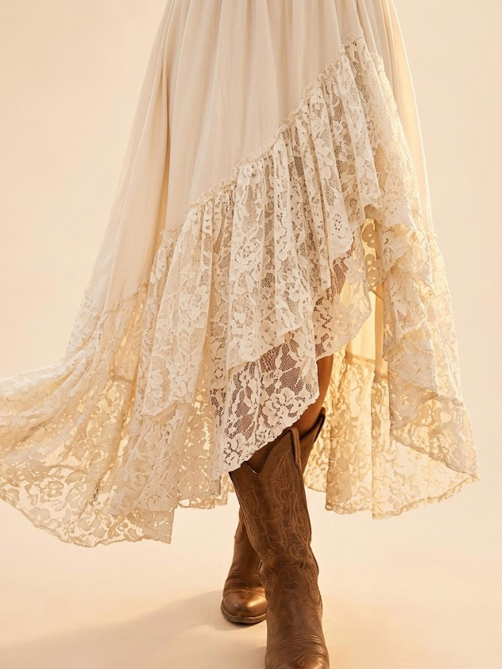 Perfect for Country Ranch Vacations — Cream White Asymmetric Lace Ruffle High-Low Dress