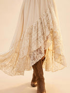 Perfect for Country Ranch Vacations — Cream White Asymmetric Lace Ruffle High-Low Dress