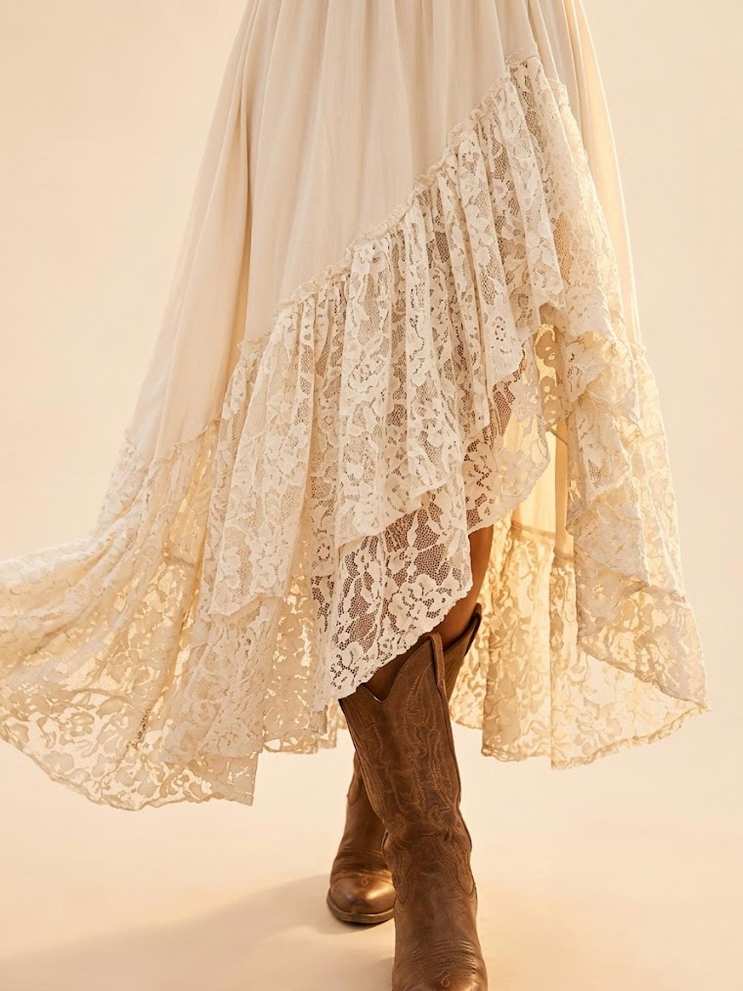 Perfect for Country Ranch Vacations — Cream White Asymmetric Lace Ruffle High-Low Dress
