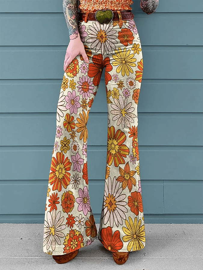 Damen Vintage Hose mit Blumenmuster, mittlerer Bundhöhe und geknöpftem Saum (ohne Gürtel)