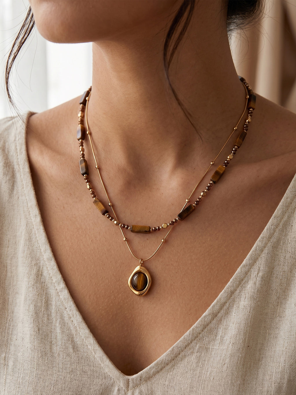 Festival Accessory — Golden Earth-Tone Stone Pendant Necklace