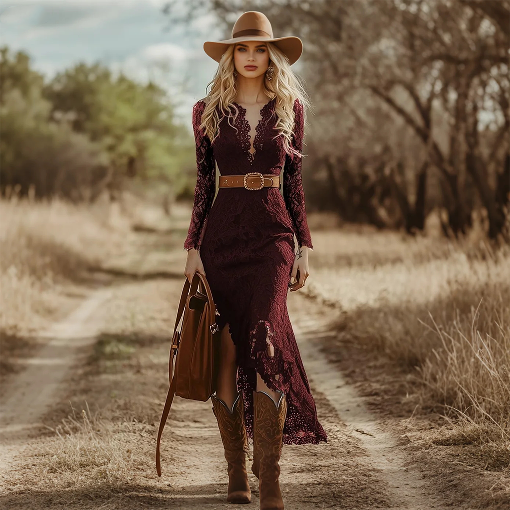 Country Concert Outfit Women's Vintage Elegant Lace Mermaid Dress For A Rustic Walk