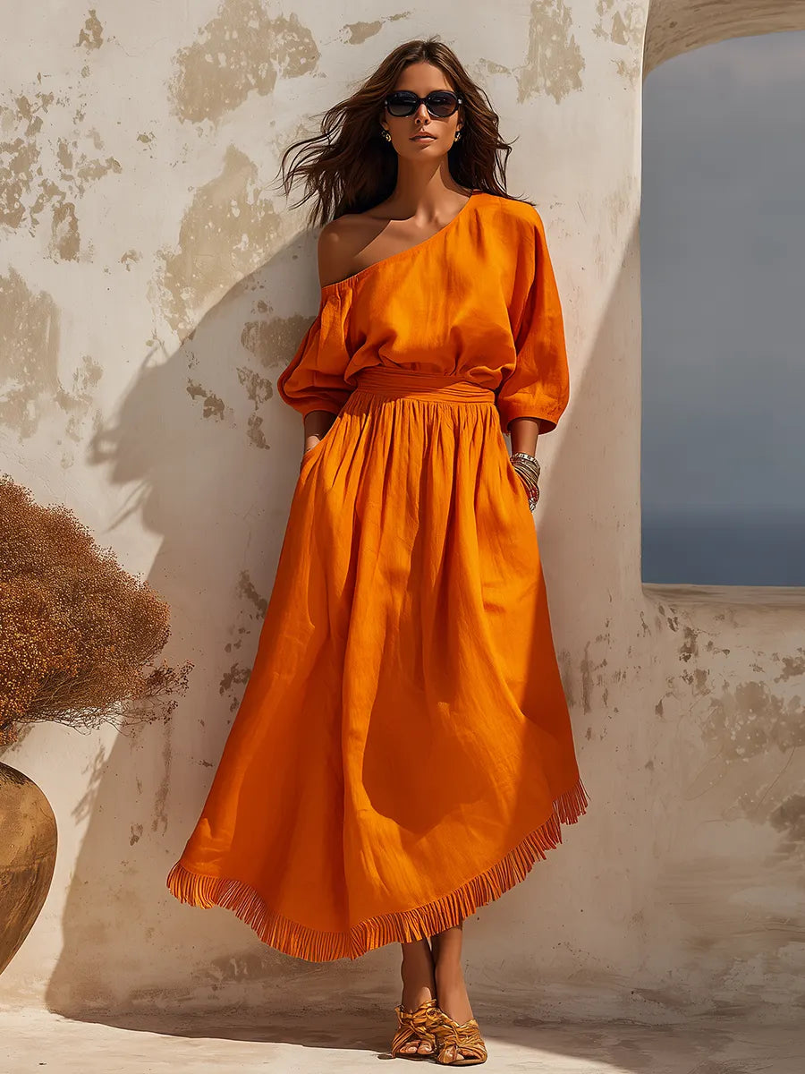 Elegant Vacation-style One-shoulder Cotton And Linen Maxi Dress
