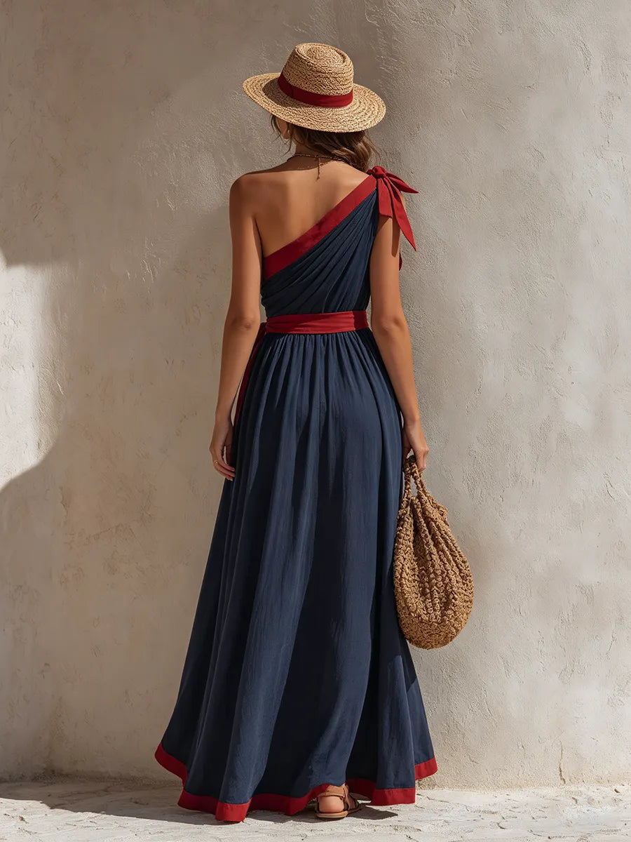 Vacation-Style Navy Blue One-Shoulder Slit Sleeveless Maxi Dress