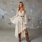 Coachella Outfit Retro White Lace V-Neck Strapless Maxi Dress Western Cowboy Style