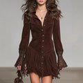 Suede Fringe Dress With Bell Sleeves And Button Front Design