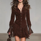 Suede Fringe Dress With Bell Sleeves And Button Front Design