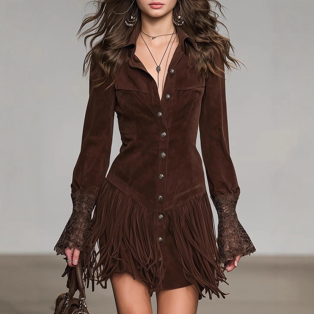 Suede Fringe Dress With Bell Sleeves And Button Front Design