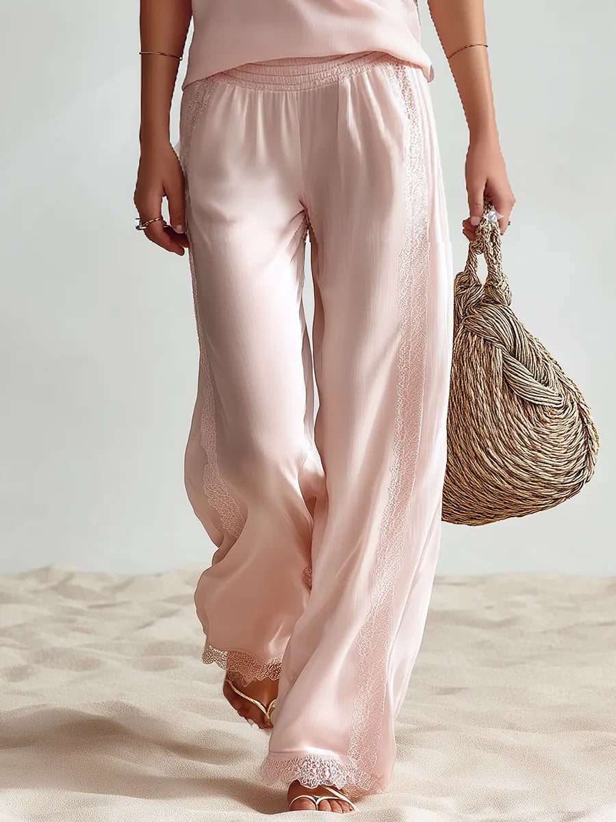 Resort-style V-neck Short-sleeve Lace-trim Top And Trousers Set