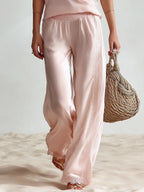 Resort-style V-neck Short-sleeve Lace-trim Top And Trousers Set