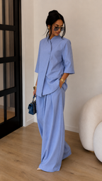 Minimalist Cross-Front Blazer Set - Oversized Linen Blend Jacket & High-Waisted Wide Leg Pants Co-ord