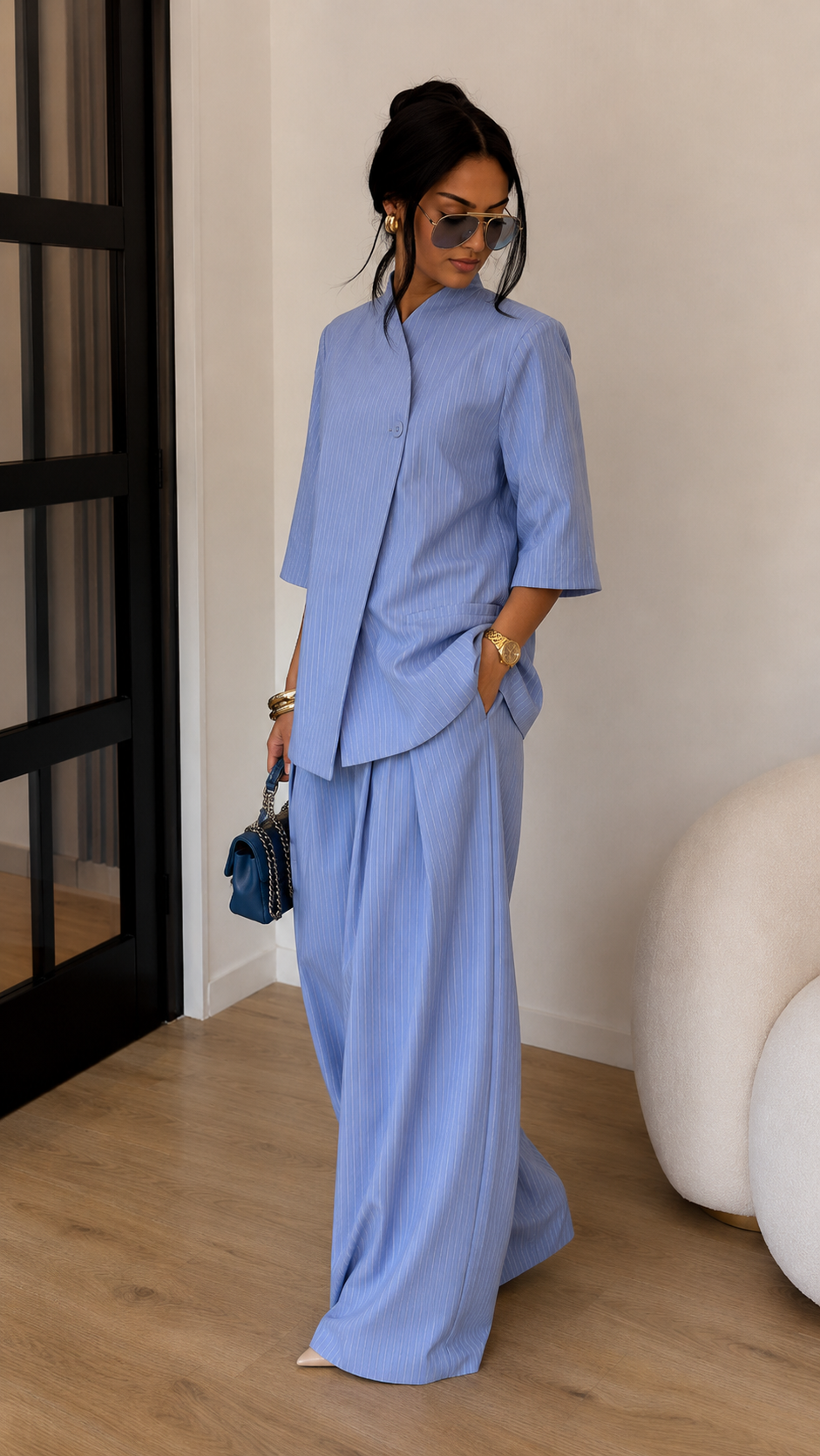 Minimalist Cross-Front Blazer Set - Oversized Linen Blend Jacket & High-Waisted Wide Leg Pants Co-ord