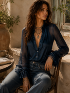 Vintage Tencel Blend Ruffle Collar Sheer Long-Sleeve Shirt