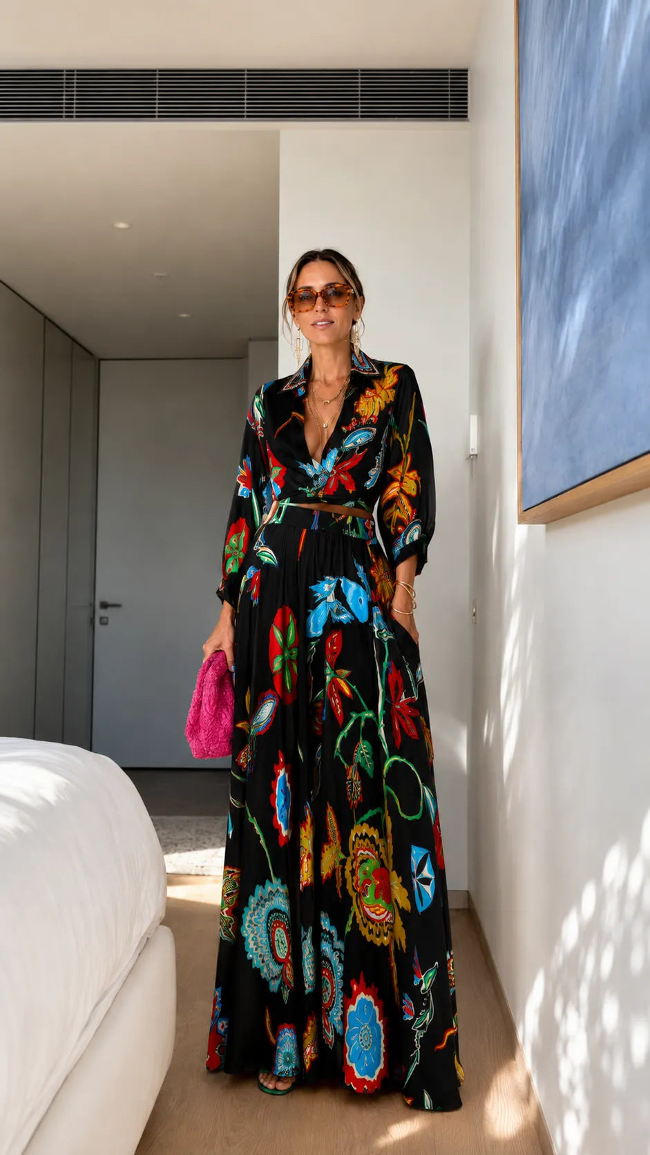 Printed Shirt Collar Maxi Dress with Belted Waist