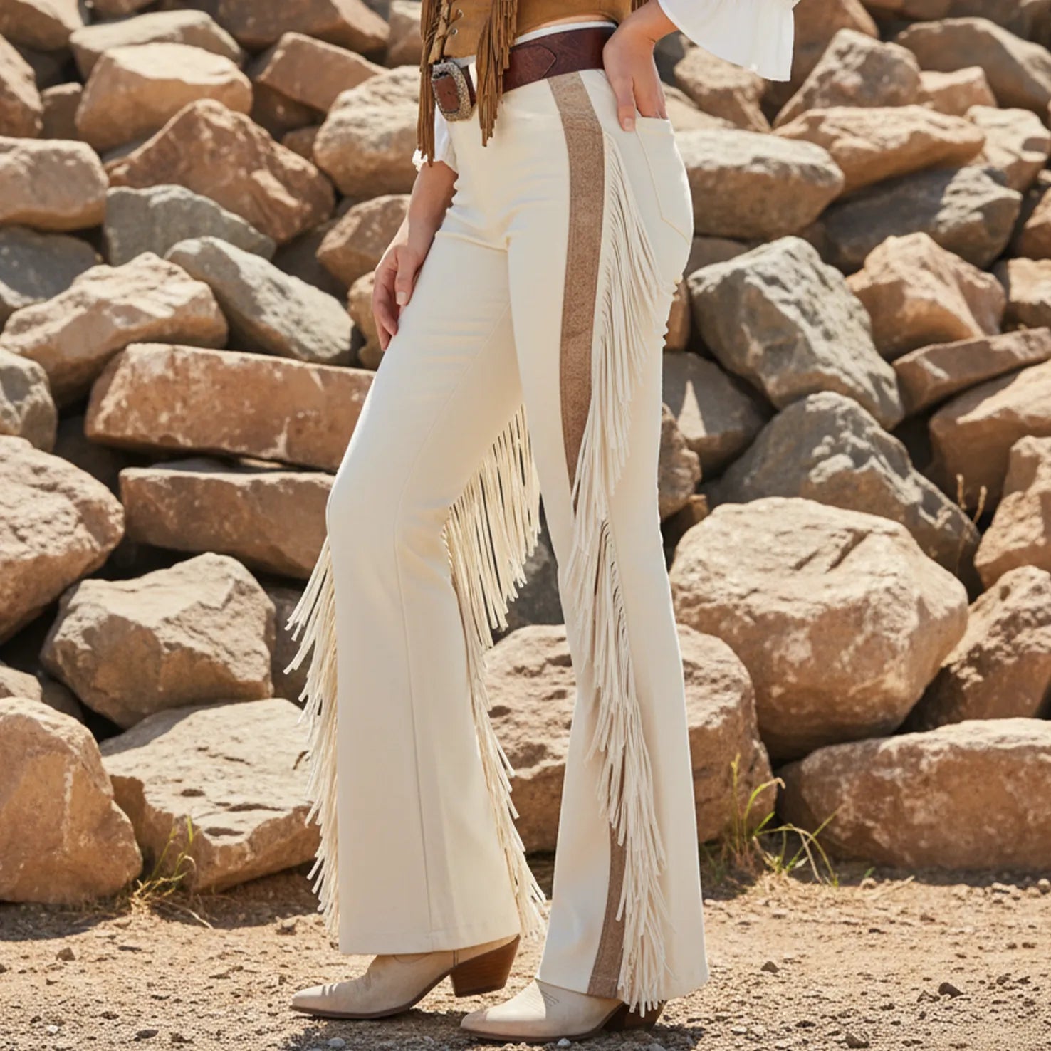Women's Vintage Fringed Flare Jeans With Western Style