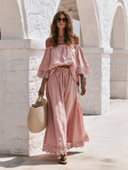 Bohemian Off-shoulder Lace-trimmed Three-quarter Sleeve Top And Skirt Cotton-linen Set