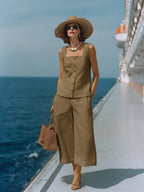 Classic White Cotton-linen Square-neck Top And Capri Pants Set