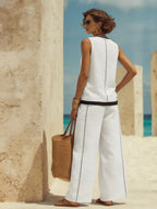 Relaxed Black Trim White Cotton Sleeveless Top And Wide-leg Trousers Set