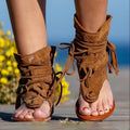 Western Cowgirl Outfit Women's Retro Bohemian Mesh Clip-toe Tassel High-top Roman Sandals