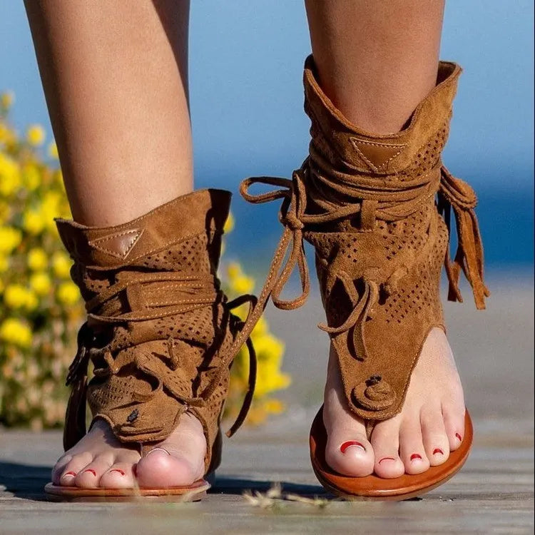 Western Cowgirl Outfit Women's Retro Bohemian Mesh Clip-toe Tassel High-top Roman Sandals