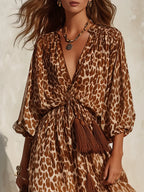 Retro V-neck Leopard Print Maxi Dress
