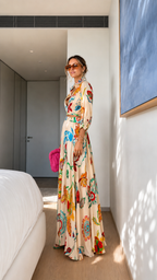 Printed Shirt Collar Maxi Dress with Belted Waist